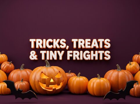 Glowing jack o lantern pumpkin patch on purple background with flying bats and holiday text for spooky night events and party decorations.
