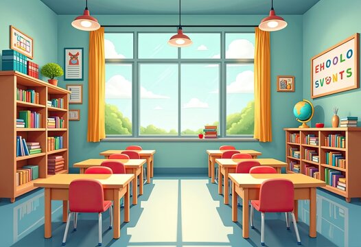 Bright classroom with red chairs and bookshelves under sunny windows
