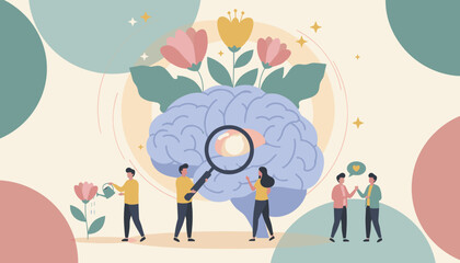 Fototapeta premium Mental health awareness concept featuring a large brain with growing flowers and people performing care and social activities.