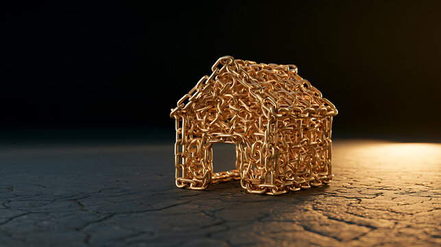A miniature model of a house made entirely from intertwined golden chains sitting on a dark cracked surface with dramatic light effect