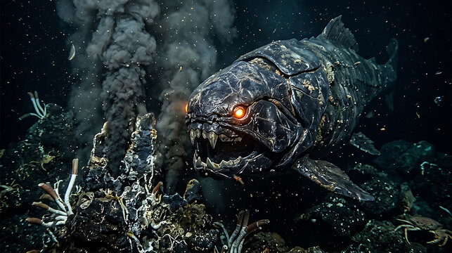 A menacing armored prehistoric fish with glowing orange eyes swimming
