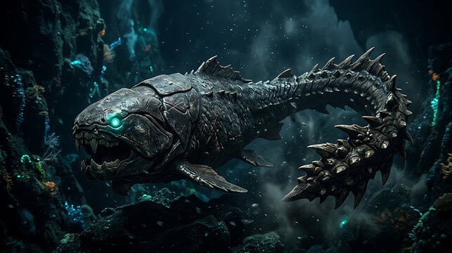A fierce armored prehistoric fish with glowing green eyes and a spiked tail