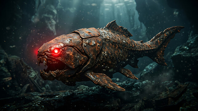 A fearsome armored prehistoric fish with glowing red eyes patrolling the dark