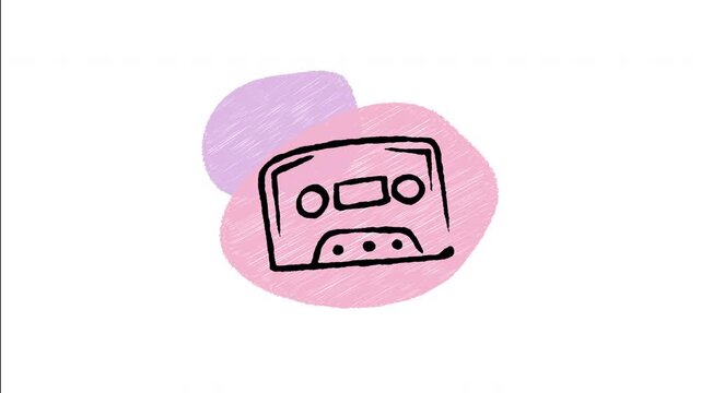 An animated hand-drawn retro audio cassette tape cassette. Great for 80s 90s nostalgia, analog sound recordings, mixtape collections, and vintage audio media. 
