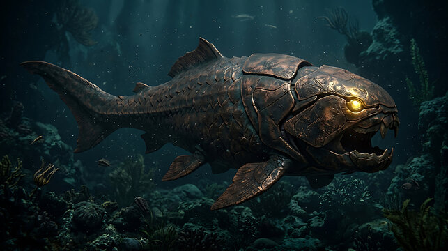 Prehistoric armored fish with glowing golden eyes swimming in deep dark ocean
