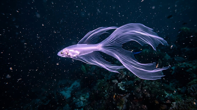 Transparent deep sea fish with long flowing translucent fins in dark water