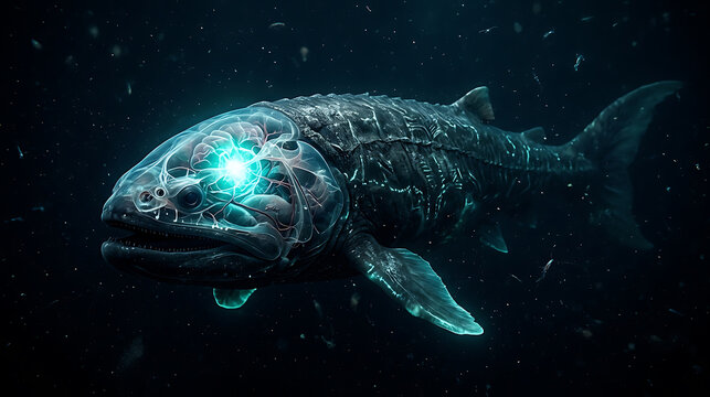 Prehistoric armored fish with glowing cyan eye swimming in dark deep ocean