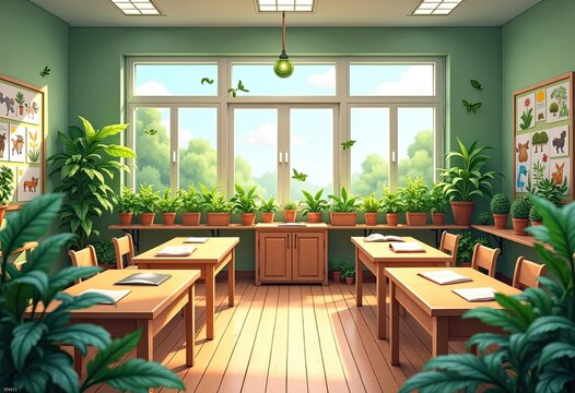 Green classroom with plants and natural light through big windows