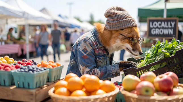 Fox eating in market, creative anthropomorphic lifestyle scene showing animal welfare, responsible care, wellbeing, humane values, education, community awareness, supporting responsible care education