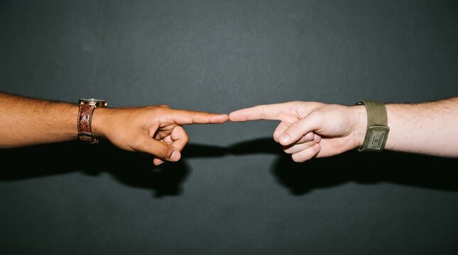 Two men pointing fingers at each other in confrontation against gray background