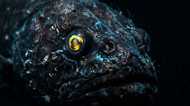 Close-up of a deep sea fish with glowing yellow eye in dark water