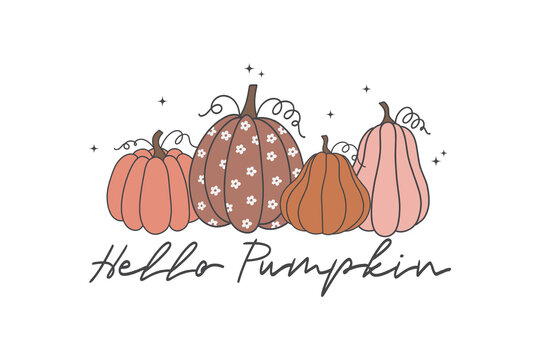 Hello Pumpkin Cursive Typography With Aesthetic Earth Tone Gourds Graphic Sublimation Design