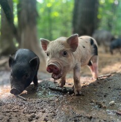 Two pigs in the mud, Piglets in the foreground © Wiley