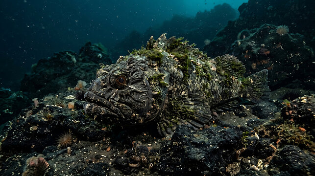 Camouflaged Scorpionfish Resting on Rocky Seabed
Underwater