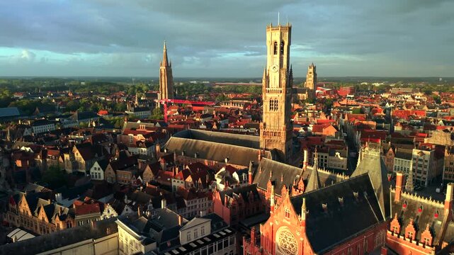 Aerial view of Bruges city with city hall during sunrise Belgium