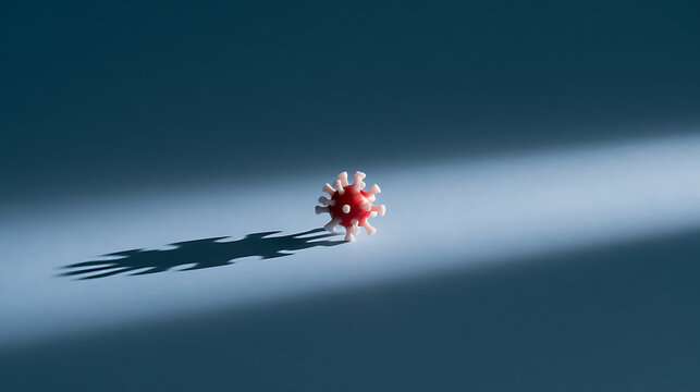 Minimalist coronavirus model COVID-19 pathogen microscopic cell structure isolated on blue background with dramatic shadow and light ray