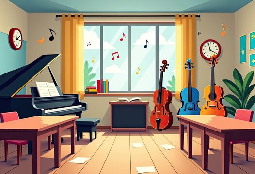 Music classroom with piano and string instruments ready for lessons
