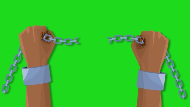 Animated Hands Breaking Chains on Green Screen for Emancipation Day and Freedom Concept.
