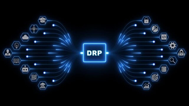 DRP disaster recovery planning concept with business technology icons and glowing blue pathways forming a digital network on dark background
