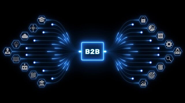 B2B business networking concept with connected corporate icons and glowing blue pathways linking digital commerce systems across a dark background