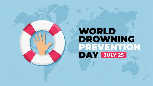 World drowning prevention day banner with lifebuoy and hand illustration