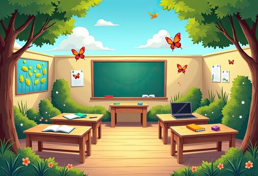 Students study in bright classroom surrounded by trees and colorful butterflies flying around