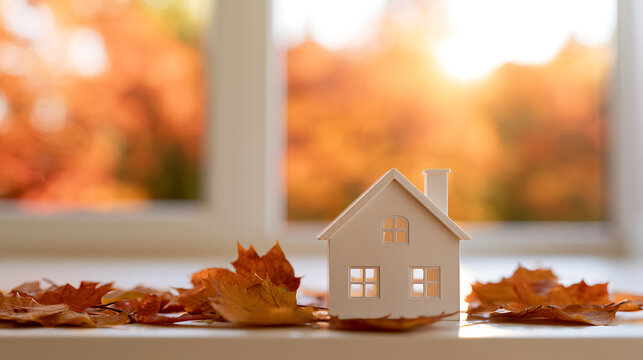 A small white house model surrounded by vibrant autumn leaves on a sunny windowsill, symbolizing real estate, home ownership, and cozy season