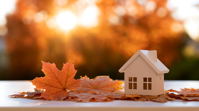 A small white model house sits near scattered autumn leaves against a bright sunset backdrop, symbolizing seasonal change and home ownership