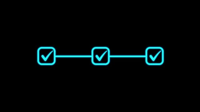 Glowing bright blue light 3 step infographic process with check mark tick step by step business success guide progress concept video on transparent background.