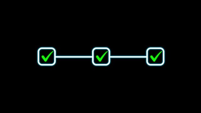 Glowing bright white light 3 step infographic process with check mark tick animation on step by step business success guide progress concept video on transparent background.
