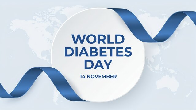 World diabetes day banner with blue ribbon and world map background