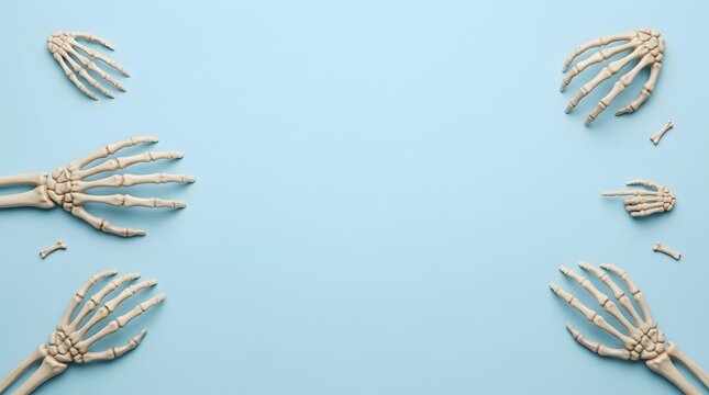 Human skeleton hands arranged as a spooky border on a solid light blue background for Halloween
