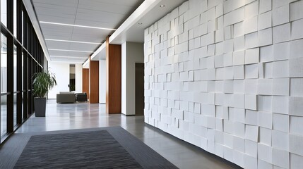 Fototapeta premium A modern hallway features a textured white acoustic wall paneling polished floors and large glass with indoor plants