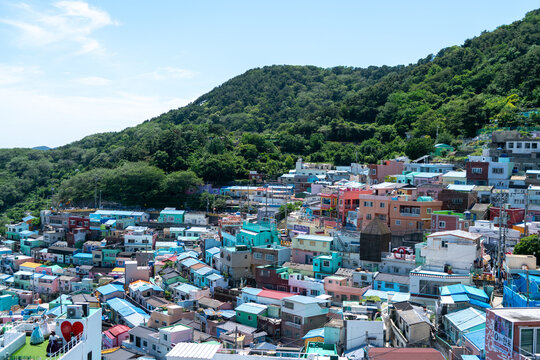 Colourful panorama of Gamcheon village in Busan's hills, South Korea