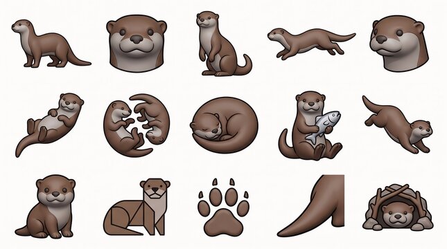 Cute otter collection with playful poses during daytime isolated on white background