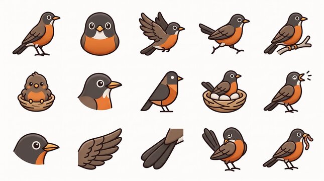 Cute robin bird collection in various poses and actions isolated on white background