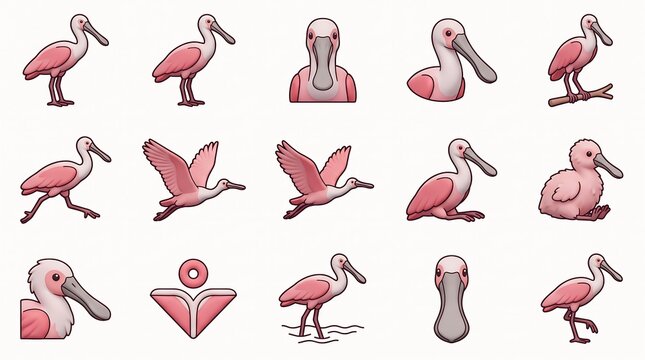 Roseate spoonbill illustrations in various poses during daylight isolated on white background