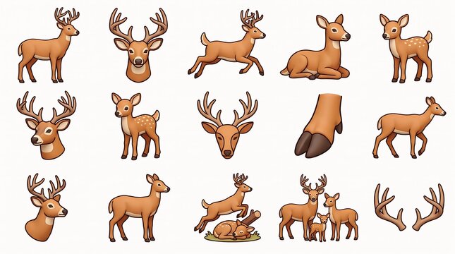 Various deer poses and parts in a stylized illustrative manner isolated on white background