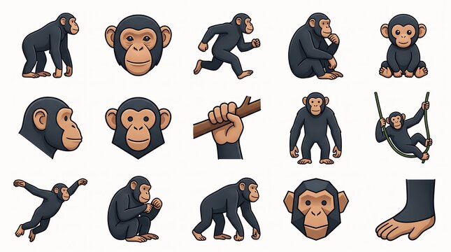 Various chimpanzee poses and actions in a playful cartoon style isolated on white background