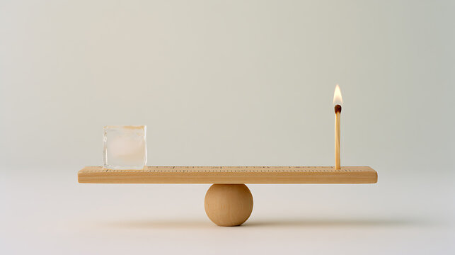 Minimalist balance scale made from wood with an ice cube on one side and a lit match on the other representing contrast and opposition