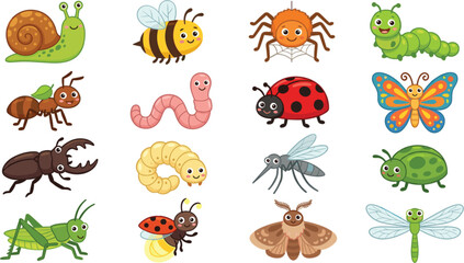 Obraz premium Cute Cartoon Garden Insects and Bugs Vector Character Set with Snail Bee Spider Caterpillar Ant Worm Ladybug Butterfly Beetle and Dragonfly for Kids Designs