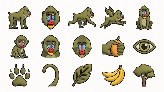 Baboon monkey collection with paw print and banana bunch during daytime isolated on white background