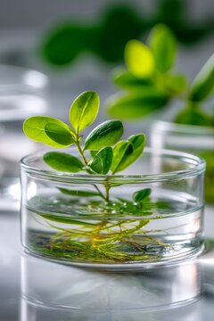 Bright green plant thriving in clear water