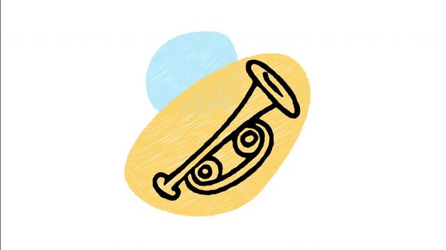 An animated hand-drawn brass trumpet wind instrument with valves. Perfect for jazz bands, classical brass ensembles, fanfare calls, and live stage music. 