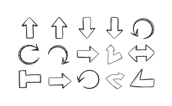 Doodle hand drawn pencil sketch arrows set with shaded textures for creative projects.