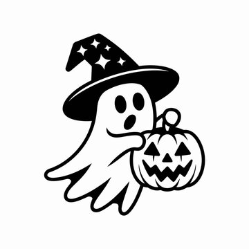 Cute ghost wearing witch hat holding carved pumpkin graphic