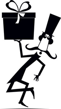 Funny man in the top hat holds gift box