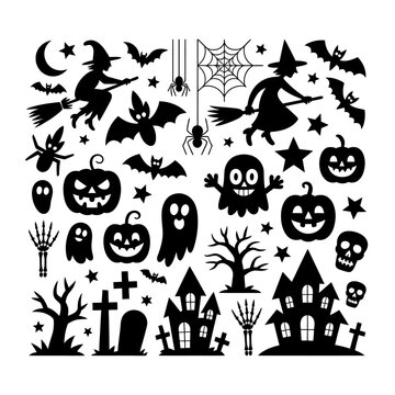 Halloween silhouette bundle witches ghosts houses trees graves