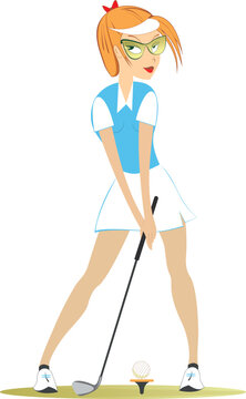 Young red haired woman plays golf