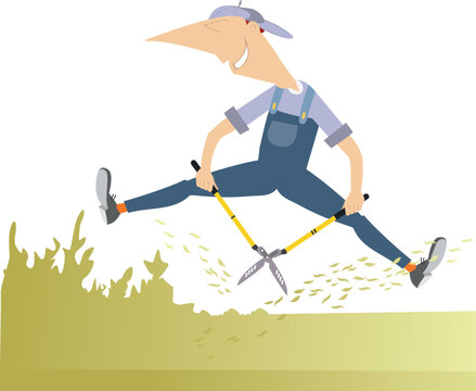 Cheerful worker trimming grass and shrubbery
